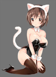 Rule 34 | 10s, 1girl, animal ears, bad id, bad pixiv id, blush, breasts, brown eyes, brown hair, brown thighhighs, cat ears, cat tail, catsuit, cleavage, detached collar, hairband, high heels, kadokawa shoten, kantai collection, kittysuit, kneeling, large breasts, leotard, melompan, natori (kancolle), nontraditional playboy bunny, open mouth, short hair, solo, tail, thighhighs
