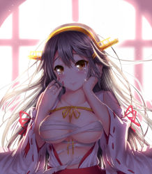 Rule 34 | 10s, 1girl, areola slip, bare shoulders, blush, breasts, brown eyes, collarbone, covered erect nipples, detached sleeves, female focus, haruna (kancolle), headgear, japanese clothes, kantai collection, large breasts, long hair, looking at viewer, nontraditional miko, silver hair, smile, solo, tama (new island), tears, torn clothes, underboob