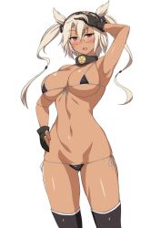 Rule 34 | 10s, 1girl, arm up, armpits, bikini, black thighhighs, blush, breasts, cleavage, cowboy shot, dark-skinned female, dark skin, eyebrows, front-tie bikini top, front-tie top, glasses, hair between eyes, kantai collection, large breasts, long hair, looking at viewer, micro bikini, musashi (kancolle), red eyes, sama samasa, side-tie bikini bottom, simple background, solo, swimsuit, thighhighs, twintails, white background, white hair