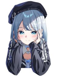 Rule 34 | 1girl, arm support, beret, black hat, black sailor collar, black shirt, blue bow, blue bowtie, blue eyes, blue hair, blush, bow, bowtie, closed mouth, cropped torso, detached collar, frilled shirt, frills, hands on own cheeks, hands on own face, hat, head rest, highres, kaga sumire, long bangs, long hair, long sleeves, looking at viewer, lupinus virtual games, parted bangs, sailor collar, shirt, sidelocks, simple background, solo, straight-on, straight hair, unongkong, virtual youtuber, vspo!, white background