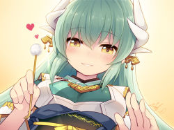 Rule 34 | 1girl, fate/grand order, fate (series), from below, green hair, green kimono, heart, holding, horns, japanese clothes, jewelry, kimono, kiyohime (fate), looking at viewer, minamura haruki, necklace, obi, parted lips, sash, smile, solo, upper body, yellow background, yellow eyes