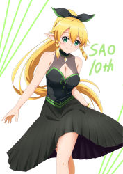 Rule 34 | 1girl, absurdres, black bow, black skirt, blonde hair, bow, bracelet, braid, breasts, cleavage, cleavage cutout, closed mouth, clothing cutout, copyright name, green eyes, hair between eyes, hair bow, high ponytail, highres, jewelry, ken-ji, leafa, long hair, medium breasts, medium skirt, pleated skirt, pointy ears, sideboob, simple background, skirt, skirt set, smile, solo, standing, sword art online, twin braids, very long hair, white background