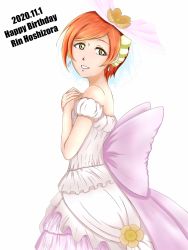 Rule 34 | 1girl, artist name, artist request, back bow, bare shoulders, bow, breasts, cherry blossoms, choker, cleavage, collarbone, dress, earrings, female focus, flower, from behind, gloves, green eyes, hair between eyes, hair flower, hair ornament, highres, hoshizora rin, jewelry, looking at viewer, looking back, love live!, love live! school idol festival, love live! school idol project, love wing bell, nemoroimer, orange flower, orange hair, own hands together, parted lips, pink bow, pom pom (clothes), pom pom hair ornament, short dress, short hair, skirt, sleeveless, sleeveless dress, smile, solo, strapless, strapless dress, veil, white background, white choker, white dress, white gloves, white skirt, white veil, yellow eyes, yellow flower