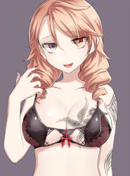 Rule 34 | 1girl, black bra, blonde hair, bow, bow bra, bra, breast tattoo, breasts, brown eyes, cleavage, commentary request, drill hair, grey background, hand in own hair, highres, large breasts, neit ni sei, open mouth, original, sketch, smile, solo, tattoo, twin drills, underwear, upper body