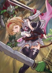 Rule 34 | 1girl, 3others, absurdres, armor, armored gloves, battle, belt, black corset, black footwear, black gloves, blonde hair, blurry, blurry background, boots, breasts, charging forward, collared dress, colored skin, corset, djeeta (granblue fantasy), dress, fighting, frilled dress, frills, gloves, goblin, granblue fantasy, granblue fantasy: relink, green skin, hairband, helmet, highres, holding, holding shield, holding sword, holding weapon, medium breasts, multiple others, open mouth, partially fingerless gloves, pauldrons, pink sash, rebelwear (granblue fantasy), red hairband, sash, scabbard, sheath, shield, short hair, shoulder armor, sword, tatsumi yashiro, thigh boots, thighhighs, weapon, white dress, yellow eyes, zettai ryouiki