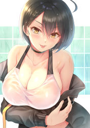 Rule 34 | 1girl, :p, absurdres, ahoge, azur lane, baltimore (azur lane), baltimore (black ace) (azur lane), black choker, black hair, blush, breasts, choker, cleavage, collarbone, commentary request, hair between eyes, highres, himamo, large breasts, looking at viewer, official alternate costume, short hair, solo, sports bra, sweat, tongue, tongue out, white sports bra, yellow eyes