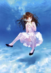 Rule 34 | 1girl, absurdres, blue background, blue theme, brown eyes, brown hair, bubble, dress, flat chest, flats, hands on own face, highres, kishida mel, long hair, looking at viewer, original, panties, shoes, solo, thighhighs, underwater, underwear, wet, wet clothes, wet hair, white dress, white panties, white thighhighs
