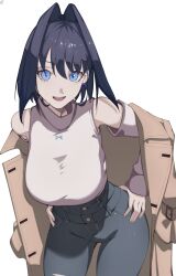 Rule 34 | 1girl, absurdres, bare shoulders, black hair, blue eyes, blue hair, blue pants, bow, bow earrings, breasts, brown coat, choppy bangs, coat, commentary, contrapposto, denim, detached sleeves, earrings, eyelashes, fangs, hair intakes, hands on own hips, hanging breasts, high-waist pants, highres, hololive, hololive english, jeans, jewelry, large breasts, leaning forward, long sleeves, looking at viewer, o22no, official alternate costume, open mouth, ouro kronii, ouro kronii (casual), pants, self borrowed hairstyle, shirt, short hair, simple background, sleeveless, sleeveless turtleneck, slit pupils, smile, solo, taut clothes, taut shirt, thigh gap, torn clothes, torn jeans, torn pants, trench coat, turtleneck, virtual youtuber, white background, white shirt, wide hips