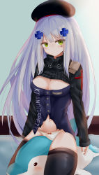 Rule 34 | 1girl, absurdres, arms at sides, beret, black hat, black thighhighs, blunt bangs, blush, bow, bow panties, breasts, buttons, cleavage, cleavage cutout, closed mouth, clothes writing, clothing cutout, cross, damaged, eyes visible through hair, girls&#039; frontline, gloves, green eyes, hair ornament, hair over shoulder, hat, highres, hk416 (girls&#039; frontline), jacket, kneeling, long hair, long sleeves, looking at viewer, medium breasts, navel, panties, pout, ru zhai, silver hair, sitting, sitting on object, skindentation, skirt, sleeves past wrists, solo, stomach, stuffed animal, stuffed dolphin, stuffed toy, thighhighs, torn clothes, torn jacket, underwear, unworn skirt, very long hair, white panties
