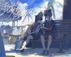 Rule 34 | 1boy, 1girl, amusement park, bench, black hair, black shirt, black skirt, blue sky, boots, brother and sister, carousel, day, eating, fate/grand order, fate (series), ferris wheel, fiery hair, food, hat, highres, ice cream, long hair, micaoz, military hat, miniskirt, oda nobukatsu (fate), oda nobunaga (fate), outdoors, park bench, peaked cap, red eyes, red shorts, shirt, shoes, shorts, siblings, sitting, skirt, sky, sneakers, t-shirt, tying shoes