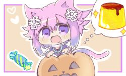 Rule 34 | 1girl, animal ears, blue boarder, breasts, candy, cat, cat ears, cat tail, choker, d-pad, d-pad hair ornament, dreaming, drooling, food, hair ornament, hairclip, happy, hood, hoodie, hungry, kitten, matching hair/eyes, mi3li, nepnep connect: chaos chanpuru, neptune (neptunia), neptune (series), open mouth, parka, pudding, purple eyes, purple hair, short hair, small breasts, tail, thought bubble, vvvtune, yellow background