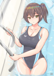 Rule 34 | 1girl, absurdres, bad id, bad pixiv id, blush, breasts, brown eyes, brown hair, cleavage, collarbone, competition swimsuit, cowboy shot, hair between eyes, highres, kaga (kancolle), kantai collection, large breasts, looking at viewer, one-piece swimsuit, parted lips, pool, rei no pool, side ponytail, solo, swimsuit, tong shui, water