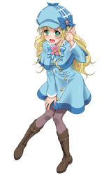 Rule 34 | 10s, 1girl, blonde hair, blush, boots, bow, cordelia glauca, dress, female focus, flower, full body, green eyes, grey pantyhose, hair flower, hair ornament, knee boots, knees together feet apart, lipstick, long hair, looking at viewer, makeup, nigou, open mouth, pantyhose, simple background, solo, standing, straight hair, symbol-shaped pupils, tantei opera milky holmes, white background