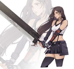 Rule 34 | 1girl, arm guards, bare shoulders, black gloves, black hair, black skirt, black sports bra, black thighhighs, bracelet, breasts, brown hair, buster sword, closed mouth, commentary, commission, cowboy shot, crop top, earrings, elbow gloves, english commentary, final fantasy, final fantasy vii, final fantasy vii remake, fingerless gloves, gloves, holding, holding sword, holding weapon, huge weapon, jewelry, long hair, looking to the side, low-tied long hair, medium breasts, midriff, navel, pudelmudel, red eyes, single earring, skirt, solo, sports bra, suspender skirt, suspenders, sword, tank top, teardrop earring, thighhighs, tifa lockhart, weapon, white tank top, zettai ryouiki