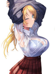 Rule 34 | 1girl, absurdres, arms up, belt, black sweater, blonde hair, blue bra, blue eyes, bra, breasts, buttons, closed mouth, clothes lift, collared shirt, commentary request, cowboy shot, dress shirt, from side, hachimiya meguru, hair ornament, hairclip, highres, idolmaster, idolmaster shiny colors, large breasts, lifting own clothes, light blush, long hair, looking at viewer, looking to the side, miniskirt, one eye closed, plaid, plaid skirt, pleated skirt, red skirt, school uniform, see-through, shirt, shirt tucked in, sideways glance, signalviolet, simple background, skirt, solo, standing, sweater, sweater lift, swept bangs, underwear, undressing, wet, wet clothes, wet shirt, white background, white shirt