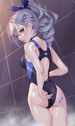 Rule 34 | 1girl, adjusting clothes, adjusting swimsuit, ass, bandaid, bandaid on ass, black one-piece swimsuit, black thighhighs, commentary request, competition swimsuit, drill hair, from behind, grey eyes, grey hair, highleg, highleg swimsuit, highres, honkai: star rail, honkai (series), looking at viewer, looking back, matrix16, medium hair, one-piece swimsuit, partial commentary, ponytail, silver wolf (honkai: star rail), solo, swimsuit, thigh gap, thighhighs, tile wall, tiles, two-tone swimsuit