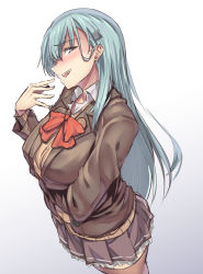Rule 34 | 1girl, aqua eyes, aqua hair, arm across waist, ascot, ass, blush, breasts, brown jacket, brown skirt, brown thighhighs, buttons, collared shirt, frilled skirt, frills, gradient background, green eyes, hair ornament, hairclip, hand up, head tilt, jacket, kantai collection, large breasts, long hair, long sleeves, looking at viewer, matsunaga garana, one eye closed, open clothes, open jacket, open mouth, panties, pleated skirt, purple panties, remodel (kantai collection), school uniform, shirt, sidelocks, simple background, skirt, smile, solo, suzuya (kancolle), thighhighs, underwear, white shirt