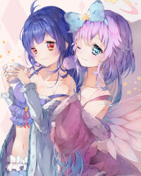 2girls ahoge angel blue_hair bow chong_camellia crop_top cup feathered_wings fur-trimmed_jacket fur_trim gradient_hair halo highres holding holding_cup jacket jacket_partially_removed long_hair luca_(shironeko_project) multicolored_hair multiple_girls navel noa_(shironeko_project) pink_hair red_eyes shironeko_project short_hair sleepwear smile star-shaped_pupils star_(symbol) symbol-shaped_pupils wings