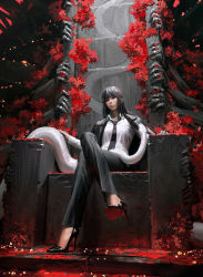 Rule 34 | 1girl, animal, black eyes, black footwear, black hair, black jacket, black necktie, black pants, christian louboutin (brand), closed mouth, collared shirt, commentary, crossed legs, english commentary, full body, guweiz, head tilt, high heels, highres, jacket, jacket on shoulders, looking at viewer, louboutins, necktie, original, pants, red soles, shirt, shoe soles, shoes, sitting, snake, solo, throne, white shirt, white snake