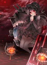 Rule 34 | 10s, 1girl, abyssal ship, bad id, bad pixiv id, black dress, black hair, black pantyhose, detached sleeves, dress, elbow gloves, escort fortress (kancolle), flight deck, frilled dress, frills, gloves, gothic lolita, hairband, ikeuchi tanuma, interlocked fingers, isolated island oni, kantai collection, lolita fashion, lolita hairband, looking at viewer, machinery, night, night sky, ocean, own hands clasped, own hands together, pantyhose, red eyes, sky, smile