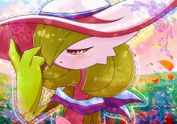 Rule 34 | 1girl, adjusting clothes, adjusting headwear, arm at side, artist name, blush, bob cut, border, choice scarf, clothed pokemon, colored skin, creatures (company), female focus, flat chest, floral border, game freak, gardevoir, gen 3 pokemon, grass, green hair, green skin, hair over one eye, half-closed eyes, hand up, hat, highres, multicolored skin, nintendo, one eye covered, open mouth, ornate border, outdoors, outline, petals, pink hat, pokemon, pokemon (creature), red eyes, short hair, signature, solo, standing, sun hat, sunset, twitter username, two-tone skin, upper body, white outline, white skin, yuri (fl0werspace)