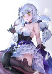 Rule 34 | 1girl, alcohol, alternate costume, alternate hairstyle, ass, bare shoulders, black gloves, black legwear, blunt bangs, blush, breasts, bug, butterfly, cleavage, clothes lift, collarbone, cup, dress, dress lift, drinking glass, earrings, facial mark, feet, gem, girls&#039; frontline, glint, gloves, green eyes, hair ornament, hair scrunchie, himonoata, hk416 (girls&#039; frontline), hk416 (starry cocoon) (girls&#039; frontline), holding, holding cup, insect, jewelry, large areolae, large breasts, layered dress, light particles, long hair, looking at another, looking at viewer, looking back, multi-tied hair, necklace, no shoes, open mouth, purple gemstone, scrunchie, silver hair, sitting, smile, solo, strapless, strapless dress, teardrop, very long hair, wariza, wine glass