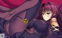 Rule 34 | 1girl, armor, ass, bodysuit, breasts, covered navel, covered erect nipples, fate/grand order, fate (series), highres, large breasts, long hair, lying, on back, pauldrons, purple eyes, purple hair, scathach (fate), scathach (fate), shoulder armor, smile, solo, tsurugi ai (seikan hitchhiker)