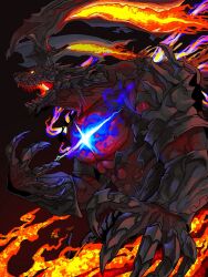 Rule 34 | animal focus, black background, claws, cowboy shot, final fantasy, final fantasy xvi, fire, glowing, glowing eye, glowing mouth, gradient background, highres, horns, ifrit (final fantasy), monster, no humans, open mouth, pekoson, red background, sharp teeth, simple background, solo, teeth, two-tone background