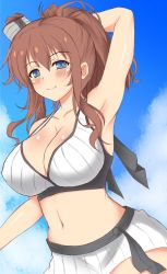 Rule 34 | 1girl, bikini, bikini skirt, blue eyes, blue sky, breasts, brown hair, cleavage, cloud, commentary request, cowboy shot, day, hair between eyes, hair ornament, kantai collection, large breasts, one-hour drawing challenge, outdoors, piyobomu, ponytail, ribbed bikini, saratoga (kancolle), side ponytail, sidelocks, sky, smile, smokestack, solo, stomach, swimsuit, white bikini
