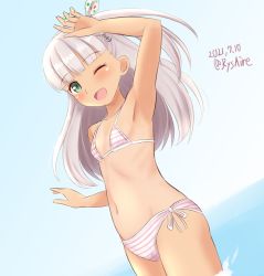 Rule 34 | 1girl, ame-san, bikini, blunt bangs, breasts, commentary request, cowboy shot, dated, green eyes, hair ribbon, highres, kantai collection, long hair, maestrale (kancolle), one eye closed, one side up, ribbon, side-tie bikini bottom, silver hair, small breasts, solo, striped bikini, striped clothes, swimsuit, tan, tanline, twitter username