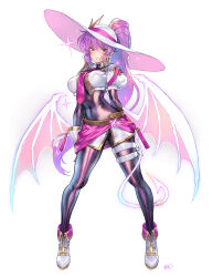 1girl absurdres black_bodysuit bodysuit breasts cosplay cropped_jacket demon_tail demon_wings evil_twin_ki-sikil evil_twin_ki-sikil_(cosplay) full_body gloves hat high_ponytail highres ki-sikil_(yu-gi-oh!) large_breasts long_hair looking_at_viewer matsuda_(matsukichi) necktie pink_necktie ponytail puffy_short_sleeves puffy_sleeves purple_hair red_eyes shiny_clothes short_sleeves skirt solo tail touhou two-tone_bodysuit watatsuki_no_yorihime white_background white_gloves wide_brim wings yu-gi-oh!