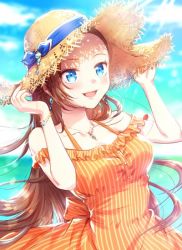 Rule 34 | 1girl, blue eyes, blue ribbon, blue sky, blurry, blurry background, brown hair, brown hat, cloud, cloudy sky, commentary, day, depth of field, dress, earrings, female focus, frilled dress, frills, hands on headwear, hat, hat ribbon, jewelry, k k k, katarina claes, long hair, looking at viewer, medium dress, necklace, ocean, off-shoulder dress, off shoulder, open mouth, orange dress, otome game no hametsu flag shika nai akuyaku reijou ni tensei shite shimatta, outdoors, ribbon, sky, smile, solo, straw hat, striped clothes, striped dress, sun hat, upper body, vertical-striped clothes, vertical-striped dress