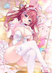 Rule 34 | bare shoulders, blush, breasts, cleavage, corset, crossed legs, detached sleeves, frilled skirt, frills, hair ornament, hairband, hairclip, indoors, large breasts, leotard, open mouth, original, pink footwear, playboy bunny, purple eyes, red hair, revealing clothes, shirosei mochi, sitting, skirt, smile, solo, thighhighs, white corset, white thighhighs, wrist cuffs
