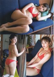 Rule 34 | 1girl, bikini, indoors, komiya arisa, looking at viewer, magazine scan, multiple views, photo (medium), red bikini, scan, sitting, standing, swimsuit, voice actor