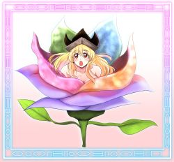 Rule 34 | blonde hair, border, breasts, cleavage, dr. addamelech, gradient background, hat, highres, leaf, matara okina, open mouth, petals, simple background, topless, touhou