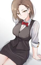 Rule 34 | 1girl, arm support, asymmetrical bangs, black skirt, black vest, blush, bow, bowtie, breasts, brown hair, earrings, highres, idolmaster, idolmaster cinderella girls, jewelry, looking at viewer, medium breasts, medium hair, mizuki seira, pencil skirt, red bow, red bowtie, shirt, simple background, skirt, smile, solo, striped clothes, striped shirt, unu (unucence), vest, white background