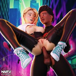 Rule 34 | 3d, 3d background, anal, bad tag, carrying, couple, dark-skinned male, dark skin, exposed chest, gwen stacy, hetero, highres, looking into eyes, marvel, miles morales, model, naifu, spider-gwen, spider-man (series), superhero costume, tagme