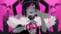 Rule 34 | 1boy, androgynous, armchair, bat (animal), belt collar, cape, chair, collar, crown, fur-trimmed cape, fur trim, highres, king (vocaloid), lilia vanrouge, male focus, multicolored hair, nail polish, open mouth, pink background, pink eyes, ruto ruuuu, short hair, solo, straight-on, streaked hair, teeth, twisted wonderland, upper body, upper teeth only