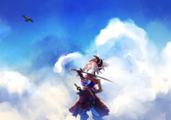 Rule 34 | 1girl, animal, bird, blue sky, breasts, closed eyes, day, detached sleeves, earrings, eyepatch, fate/grand order, fate (series), hair ornament, highres, japanese clothes, jewelry, katana, kimono, large breasts, liu liu, looking at viewer, miyamoto musashi (fate), miyamoto musashi (second ascension) (fate), over shoulder, pink hair, ponytail, sash, sky, smile, solo, spoilers, sword, sword over shoulder, thighhighs, weapon, weapon over shoulder