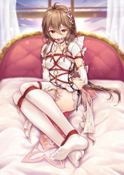 Rule 34 | 1girl, ahoge, arms behind back, back bow, ball gag, bdsm, bed, bed sheet, blurry, blurry background, bondage, bound, bow, breasts, brown hair, chinese commentary, commentary request, curtains, detached sleeves, dress, flower, foreshortening, gag, hair between eyes, hair flower, hair ornament, light particles, long hair, looking at viewer, no shoes, red eyes, red rope, restrained, rope, shibari, shibari over clothes, sidelocks, sitting, small breasts, solo, thighhighs, vocaloid, white dress, white thighhighs, wiffle gag, window, yiduan zhu, yuezheng ling, zettai ryouiki