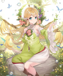 Rule 34 | 1girl, armpit crease, bare shoulders, blonde hair, blue eyes, bubble, bug, butterfly, dress, fire emblem, fire emblem heroes, flower brooch, frilled sleeves, frills, hair rings, halo, haru (nakajou-28), highres, insect, long hair, looking at viewer, nintendo, smile, solo, very long hair, yellow dress, ymir (fire emblem heroes)