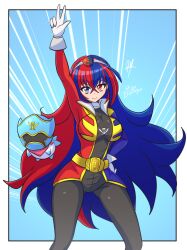 Rule 34 | 1girl, absurdres, alear (female) (fire emblem), alear (fire emblem), animal, bandana, belt, blue eyes, blue hair, blue headwear, braid, breasts, character hair ornament, cosplay, crossover, crown braid, dog, fire emblem, fire emblem engage, floating, fusion, gloves, gokai blue, gokai blue (cosplay), gokai red, gokai red (cosplay), gold belt, hair ornament, hairband, hand on own hip, helmet, heterochromia, highres, jacket, kaizoku sentai gokaiger, large breasts, long hair, long sleeves, looking at viewer, multicolored clothes, multicolored hair, multicolored jacket, nintendo, open clothes, open jacket, pirate, raydango, red bandana, red eyes, red hair, smile, sommie (fire emblem), standing, super sentai, two-tone hair, two-tone jacket, v, white gloves