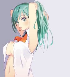 Rule 34 | 10s, 1girl, adjusting hair, armpits, arms up, ascot, bare shoulders, blush, breasts, buttons, center opening, cleavage, collared shirt, eyebrows, green eyes, green hair, grey background, hair ribbon, hands in hair, highres, kantai collection, long hair, looking at viewer, matching hair/eyes, mouth hold, navel, no bra, open clothes, open shirt, ponytail, red ribbon, ribbon, shirt, signature, simple background, sleeveless, sleeveless shirt, solo, suzuya (kancolle), tareme, tebi (tbd11), tying hair, unbuttoned, underboob, white shirt, wing collar