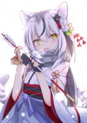 Rule 34 | 1girl, absurdres, animal ears, arrow (projectile), bell, black flower, black gloves, breath, byakko, chinese zodiac, detached sleeves, ema, flower, gloves, grey hair, grey scarf, hair between eyes, hair flower, hair ornament, hamaya, highres, holding, holding arrow, japanese clothes, jingle bell, kanzashi, kimono, looking at viewer, medium hair, multicolored hair, new year, obi, obiage, open mouth, original, partially fingerless gloves, red flower, sash, scarf, simple background, sleeveless, sleeveless kimono, smile, snowing, solo, streaked hair, tail, tiger ears, tiger girl, tiger tail, upper body, white background, white flower, white hair, white kimono, wide sleeves, year of the tiger, yellow eyes, yukishiro haku