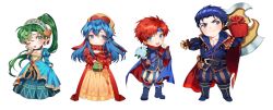 Rule 34 | 2boys, 2girls, axe, blue eyes, blue hair, cape, chibi, dress, eliwood (fire emblem), father and daughter, fire emblem, fire emblem: the binding blade, fire emblem: the blazing blade, fire emblem heroes, green eyes, green hair, hat, headband, hector (fire emblem), hector (valentine) (fire emblem), highres, jewelry, lilina (fire emblem), lilina (valentine) (fire emblem), long hair, looking at viewer, lyn (fire emblem), lyn (valentine) (fire emblem), mother and daughter, multiple boys, multiple girls, nintendo, open mouth, ponytail, red hair, roy (fire emblem), roy (valentine) (fire emblem), short hair, smile, weapon, winter clothes, zuizi