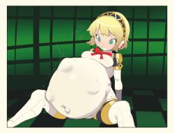 Rule 34 | 1girl, aegis (persona), android, big belly, blonde hair, blue eyes, blush, breasts, covered navel, female focus, fetal movement, hellbrain, highres, medium breasts, persona, persona 3, pregnant, ribbon, short hair, solo, sweat