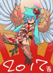 Rule 34 | 1girl, 2017, bird legs, black panties, blue hair, blush, breasts, china dress, chinese clothes, commentary request, dress, feathered wings, floral print, flower, folded ponytail, full body, green eyes, hair flower, hair ornament, harpy, highres, long hair, looking at viewer, monster girl, original, panties, pointy ears, red dress, red flower, rising sun flag, side-tie panties, sideboob, small breasts, solo, sunburst, tomatojam, underwear, winged arms, wings