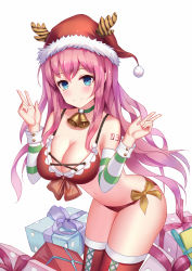 Rule 34 | 1girl, antlers, bare shoulders, bell, blue eyes, blush, boots, box, breasts, choker, cleavage, closed mouth, collarbone, cowboy shot, detached sleeves, double bun, gift, gift box, hair bun, hat, highres, horns, large breasts, leaning forward, long hair, looking at viewer, mafuyu (867208837), megurine luka, navel, neck bell, number tattoo, panties, pink hair, red footwear, red panties, santa hat, sidelocks, smile, solo, stomach, tattoo, underwear, vocaloid
