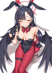 Rule 34 | 1girl, absurdres, armband, aya shachou, black choker, black gloves, black hair, black leotard, black wings, blue archive, breasts, choker, closed eyes, gloves, hair ornament, hairclip, halo, highres, ichika (blue archive), leotard, long hair, low wings, medium breasts, on stool, pantyhose, playboy bunny, red pantyhose, smile, solo, thigh strap, wings, wrist cuffs