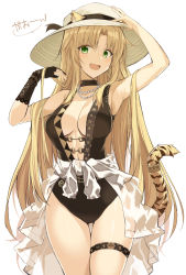 Rule 34 | 1girl, :d, animal ears, arknights, arm up, armpits, bead necklace, beads, black gloves, black one-piece swimsuit, blonde hair, blush, breasts, casual one-piece swimsuit, center opening, cleavage, clothes around waist, cowboy shot, ears through headwear, elbow gloves, fang, gloves, green eyes, hand on headwear, hat, highres, jewelry, large breasts, long hair, looking at viewer, necklace, official alternate costume, ohta yuichi, one-piece swimsuit, open mouth, parted bangs, partially fingerless gloves, see-through, single glove, skin fang, smile, solo, speech bubble, sun hat, swimsuit, swire (arknights), tail, tail ornament, tail ring, thigh gap, thigh strap, tiger ears, tiger girl, tiger tail, translation request, very long hair, white hat